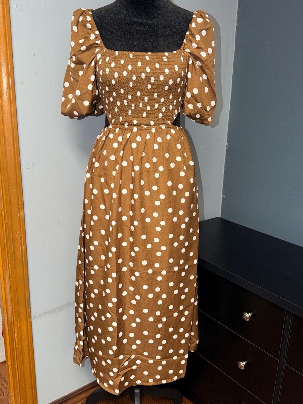 indulge Brown and White Polka Dot Puff Sleeve Midi Dress
